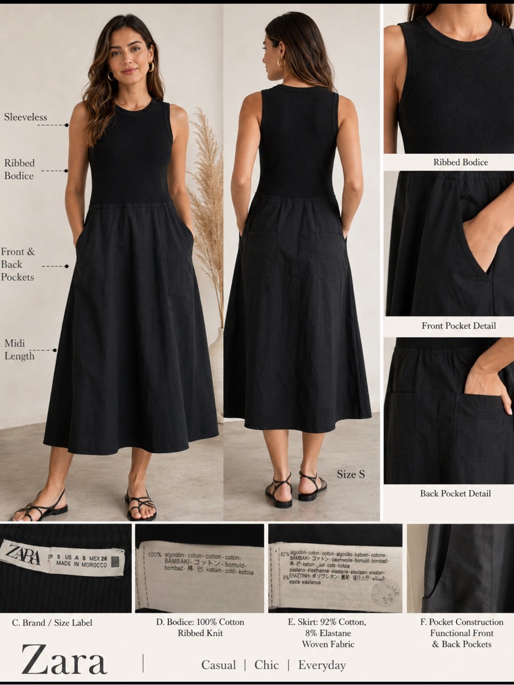 Zara Black Sleeveless Mixed Media Ribbed Midi Dress Pockets Size S